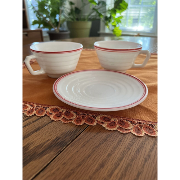 1940's HAZEL ATLAS Moderntone Platonite 2 Cups & 1 Saucer Red Stripe Art Deco - Picture 5 of 7